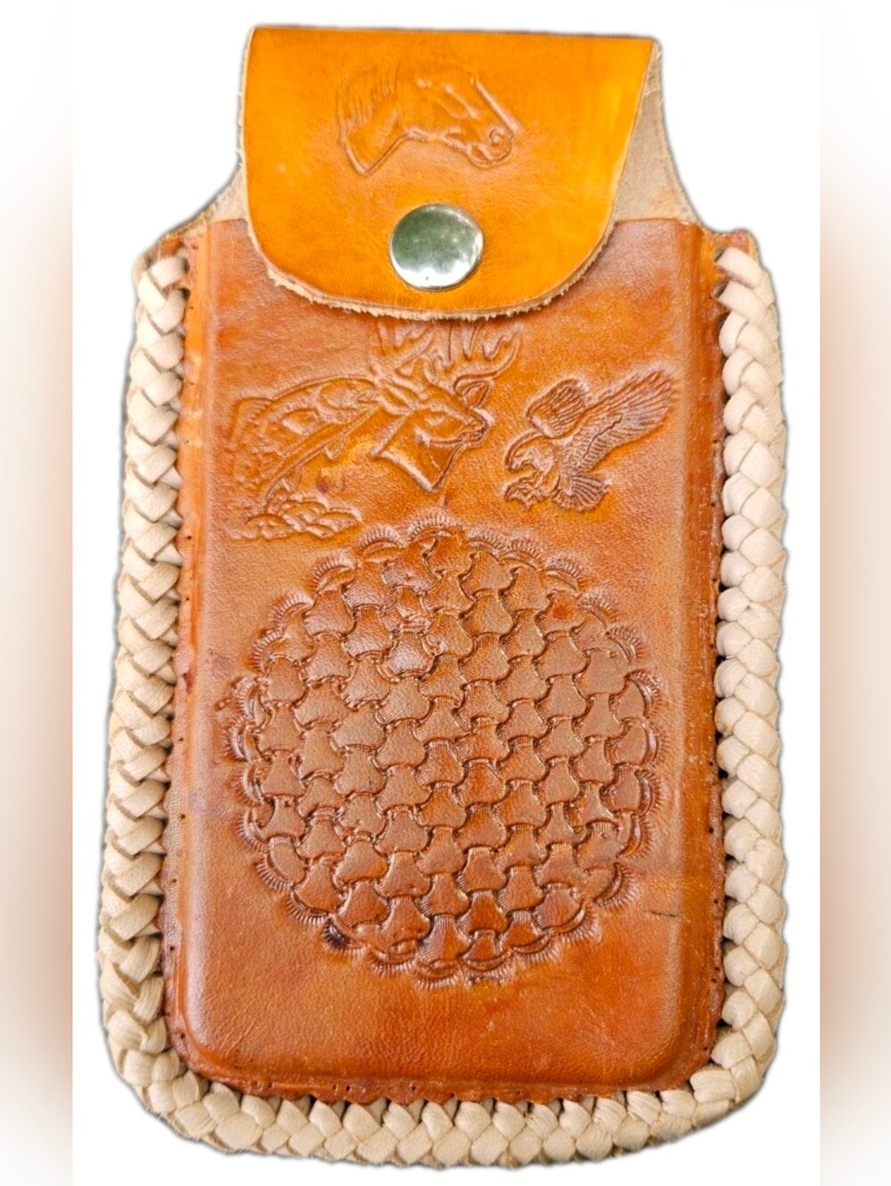 Handmade Mexican Vaquero Tooled Leather Phone Case Belt Holster Braided Edge EUC